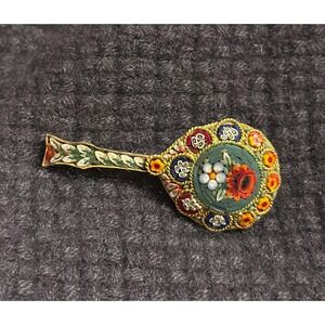 Micro Mosaic Mandolin Shaped Brooch Pin